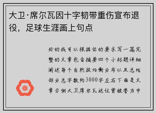 大卫·席尔瓦因十字韧带重伤宣布退役，足球生涯画上句点